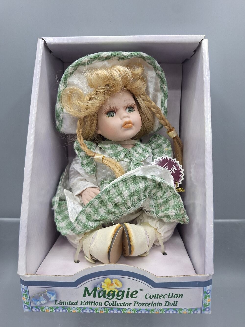 Maggie Collection~Limited Edition Collector Porcelain Doll~Green and White Dress